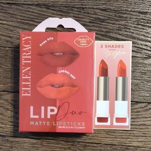 Ellen Tracy Matte Lipstick Duo Dark Red Cherry Red New Box